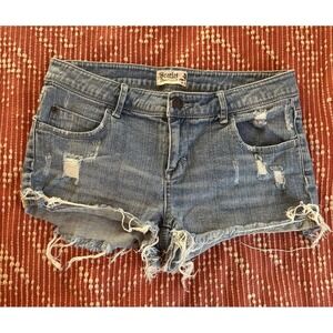 Y2K Distressed Denim Cutoff Shorts Scarlet Blvd Low Rise Festival Style 28/6